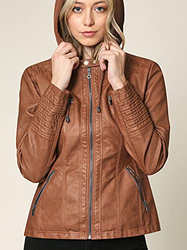 Women's Faux Leather Moto Biker Jacket Coat with Removable or Non-Removable Hood