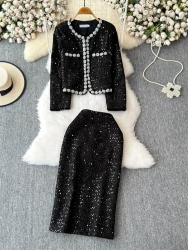 Women's French Skirt Set Heavy Industry Beaded Sequined Temperament Coat Skirt Two-Piece Set