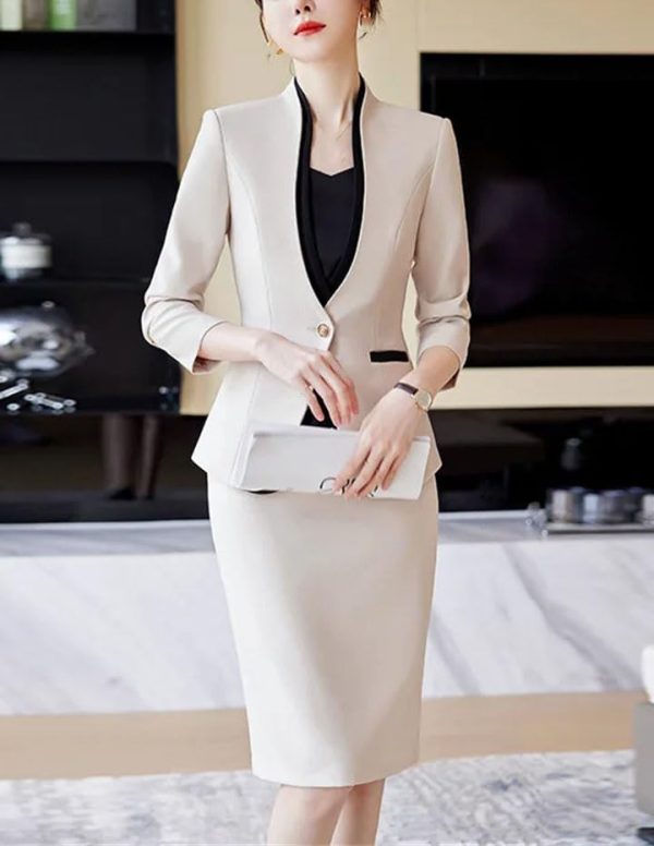Women Business Suits V-Neck Single Button Slim Fit Formal Blazer Midi Wrap Hip Pencil Skirt 2 Piece Sets