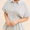 Women??s Striped Button Down Shirt Summer Pleated Short Sleeve Tops Collared Peplum Blouse Business Casual Outfits