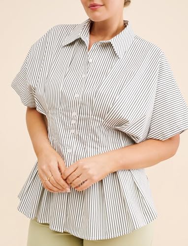 Women??s Striped Button Down Shirt Summer Pleated Short Sleeve Tops Collared Peplum Blouse Business Casual Outfits