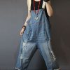 Women Casual Loose Cropped Denim Jumpsuits Rompers Jeans Overalls Distressed Ripped Fringed/Pockets P49