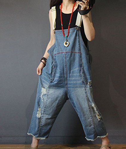 Women Casual Loose Cropped Denim Jumpsuits Rompers Jeans Overalls Distressed Ripped Fringed/Pockets P49