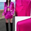Women's 2-Piece Business Satin Suit Set Double Breasted Jacket Skirt for Party