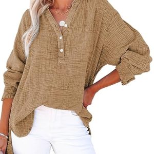 Womens Casual Button V Neck Long Sleeve Shirts Oversized Solid Blouses Tops