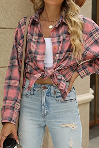 Womens Button Down Flannel Shirts Long Sleeve Plaid Shackets Business Casual Blouse Top