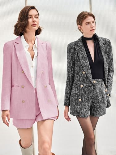 Womens 2 Piece Tweed Blazer Shorts Sets Long Sleeve Double Breasted Suit Jackets Business Outfit