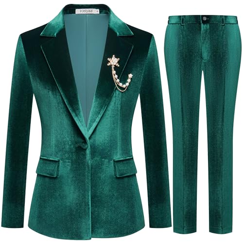 Women's 2 Piece Velvet Suit Notch Lapel One Button Slim Fit Business Party Wedding Tuxedo Blazer Pants Set