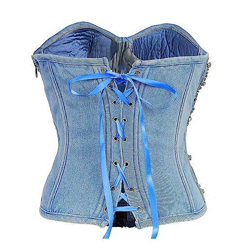 Women's Denim Rhinestone Corset Top Sexy Club Party Jean Bodysuit