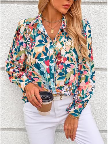Women's Floral Blouses Dressy Casual V Neck Button Down Shirts Lantern Long Sleeve Boho Chiffon Fall Tops 2025