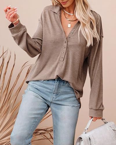 Women Casual Button Down Fall Blouses 2025 Long Sleeve Solid Business Work Tops Cute Relaxed Fit Shirts