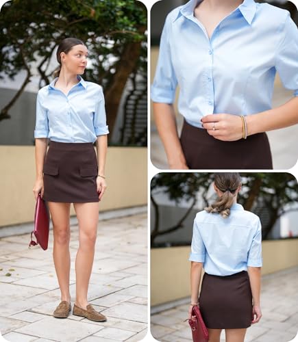 Womens Button Down Shirts 3/4 Sleeve Dress Blouses Business Casual Collared Oxford Tops