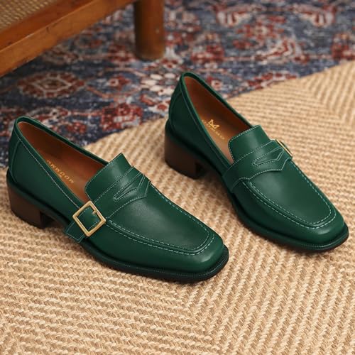 Women Classic Penny Loafers Closed Square Toe Patent Low Heel Loafers Slip On Metal Buckle 2" Chunky Heel Comfy Office Ladies