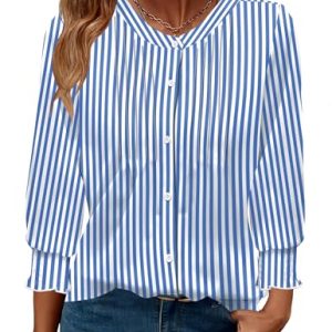Womens 3/4 Sleeves Button Down Shirts Pleated Chiffon Blouses Business Casual Tops Work Office Tshirt