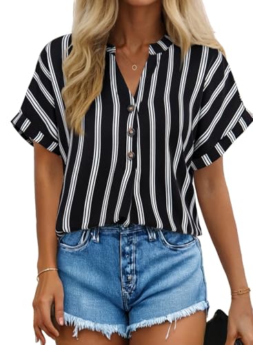 Womens Shirts Dressy Casual Summer Batwing Sleeve Shirt Trendy V Neck Button Down Striped Tops and Blouses