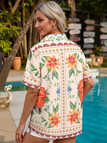 ???? Womens Hawaiian Shirt Luau Party Tropical Vacation Button Down Shirts Short Sleeve Beach Hawaii Floral Print Top
