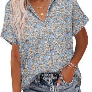 Linen Button Down Shirt Women Short Sleeve Cotton Blouses V Neck Collared Summer Beach Tops S-2XL