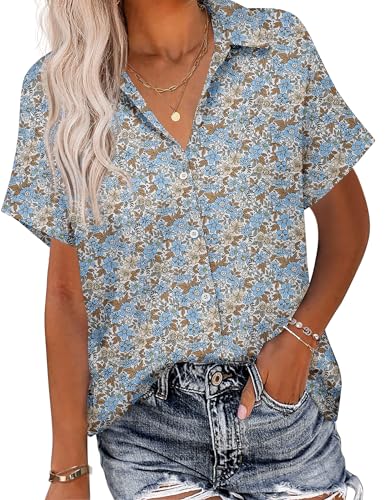 Linen Button Down Shirt Women Short Sleeve Cotton Blouses V Neck Collared Summer Beach Tops S-2XL