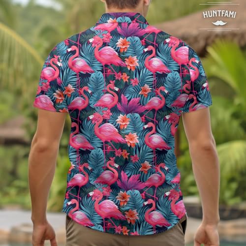 Men's Hawaiian Beach Shirt with Flamingo Shirt Men Print - Short Sleeve Linen Button Down