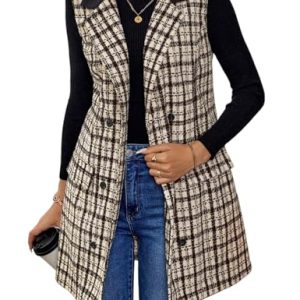 Womens Long Tweed Vest Fall Winter Sleeveless Blazer Jackets Trench Coat
