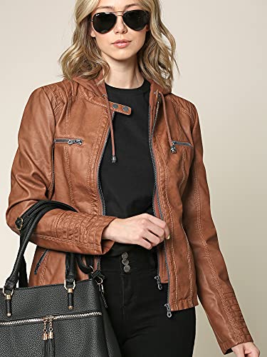 Women's Faux Leather Moto Biker Jacket Coat with Removable or Non-Removable Hood