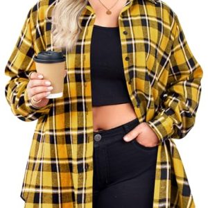 Womens Plus Size Flannel Shirts Plaid Shirts Long Sleeves Casual Button Down Collared Shacket Tops