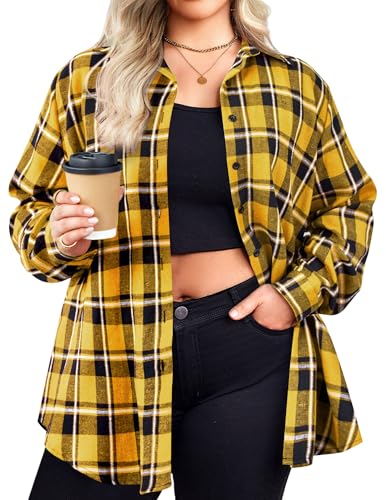 Womens Plus Size Flannel Shirts Plaid Shirts Long Sleeves Casual Button Down Collared Shacket Tops