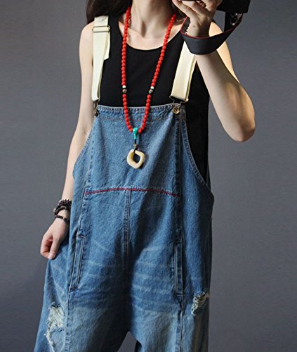 Women Casual Loose Cropped Denim Jumpsuits Rompers Jeans Overalls Distressed Ripped Fringed/Pockets P49