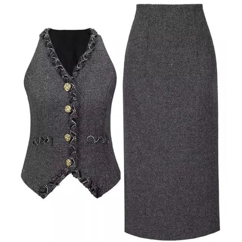 Women Elegant Office and Business Suit V-Neck Long-Sleeved Single-Breasted Tank Skirt 2 Piece Set