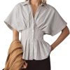Women??s Striped Button Down Shirt Summer Pleated Short Sleeve Tops Collared Peplum Blouse Business Casual Outfits