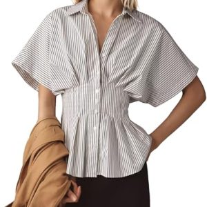Women??s Striped Button Down Shirt Summer Pleated Short Sleeve Tops Collared Peplum Blouse Business Casual Outfits