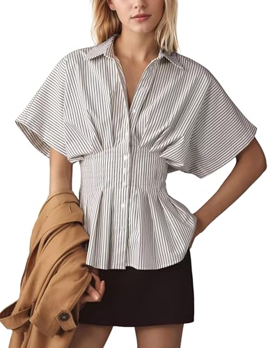 Women??s Striped Button Down Shirt Summer Pleated Short Sleeve Tops Collared Peplum Blouse Business Casual Outfits