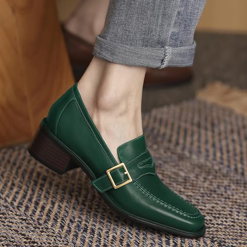 Women Classic Penny Loafers Closed Square Toe Patent Low Heel Loafers Slip On Metal Buckle 2" Chunky Heel Comfy Office Ladies