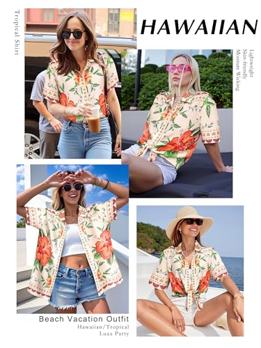 ???? Womens Hawaiian Shirt Luau Party Tropical Vacation Button Down Shirts Short Sleeve Beach Hawaii Floral Print Top