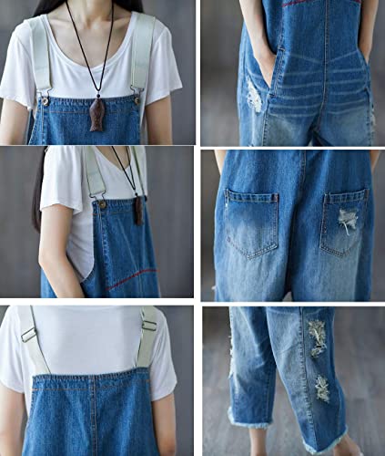 Women Casual Loose Cropped Denim Jumpsuits Rompers Jeans Overalls Distressed Ripped Fringed/Pockets P49