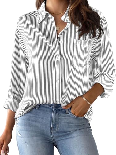 Grade 4 Wrinkle-Resistant Women's Button Down Shirts Striped Long Sleeve Collared Blouses Tops with Pocket