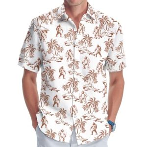 Bigfoot Print Hawaiian Shirt, Tropical Sasquatch Casual Button Shirt, Summer Monster Unique Shirt, Birthday Gifts