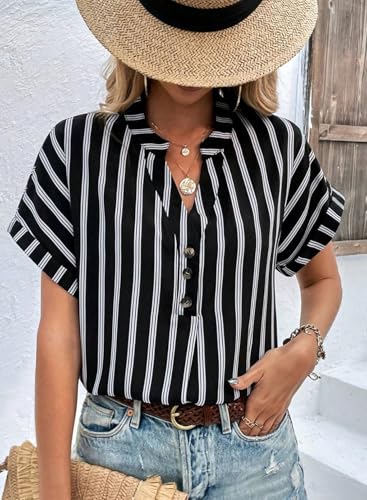 Womens Shirts Dressy Casual Summer Batwing Sleeve Shirt Trendy V Neck Button Down Striped Tops and Blouses
