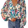 Women's Floral Blouses Dressy Casual V Neck Button Down Shirts Lantern Long Sleeve Boho Chiffon Fall Tops 2025