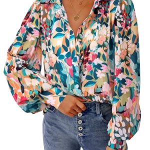 Women's Floral Blouses Dressy Casual V Neck Button Down Shirts Lantern Long Sleeve Boho Chiffon Fall Tops 2025
