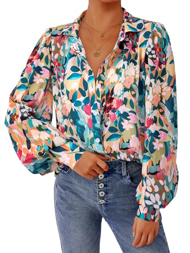 Women's Floral Blouses Dressy Casual V Neck Button Down Shirts Lantern Long Sleeve Boho Chiffon Fall Tops 2025