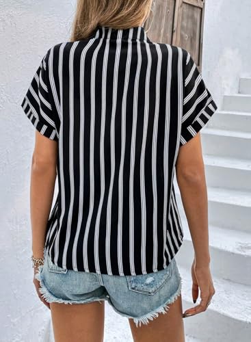 Womens Shirts Dressy Casual Summer Batwing Sleeve Shirt Trendy V Neck Button Down Striped Tops and Blouses