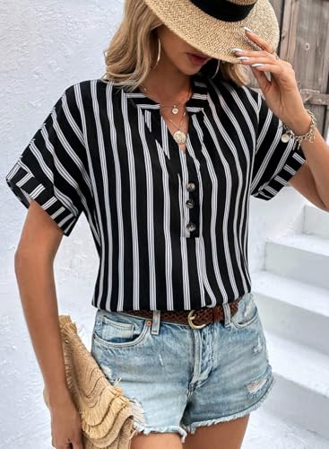 Womens Shirts Dressy Casual Summer Batwing Sleeve Shirt Trendy V Neck Button Down Striped Tops and Blouses