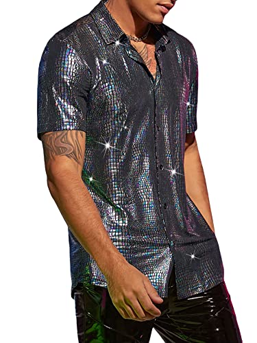 Men's 70s Sparkly Disco Top Crocodile Pattern Metallic Rave Button Down Shirt Short Sleeve Party T Shirt