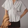 Casual Striped Button Down Shirts for Women Lapel V Neck Pleated Short Sleeve Blouse Peplum Tops Business Work Tops