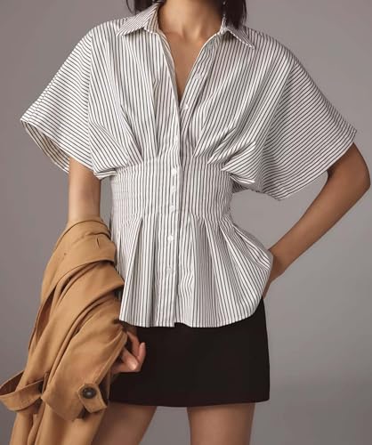 Casual Striped Button Down Shirts for Women Lapel V Neck Pleated Short Sleeve Blouse Peplum Tops Business Work Tops