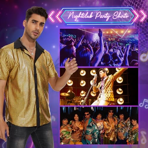 Mens 70S Disco Outfits Sequin Shirt Short Sleeve Button Down Shirts Party Novelty Shirts Nightclub Christmas Prom Costume