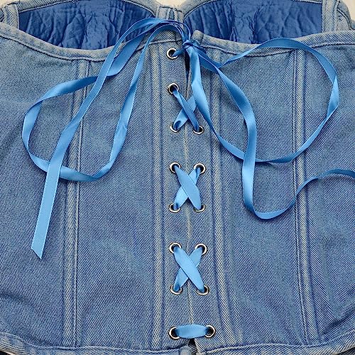 Women's Denim Rhinestone Corset Top Sexy Club Party Jean Bodysuit
