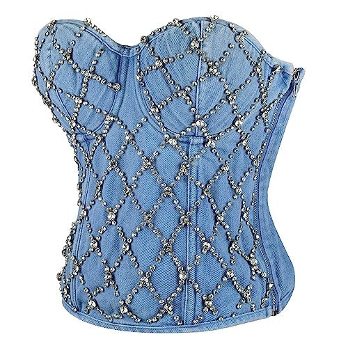 Women's Denim Rhinestone Corset Top Sexy Club Party Jean Bodysuit