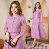 Women's Two-Piece Jacquard Dress Set, Pink Floral Pattern, Long Sleeve Cropped Jacket with Brooch, Midi A-Line Skirt